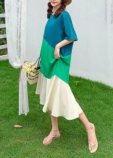 Modern o neck Ruffles clothes Runway green patchwork Art Dress - SooLinen