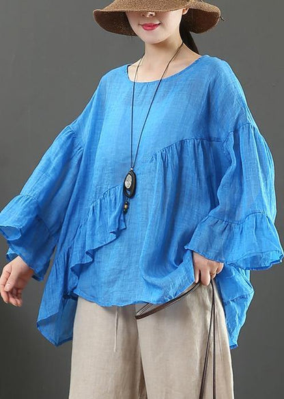 Modern o neck Ruffles linen summer clothes For Women Cotton blue tops - SooLinen