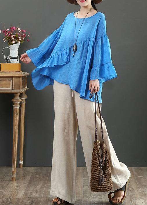Modern o neck Ruffles linen summer clothes For Women Cotton blue tops - SooLinen