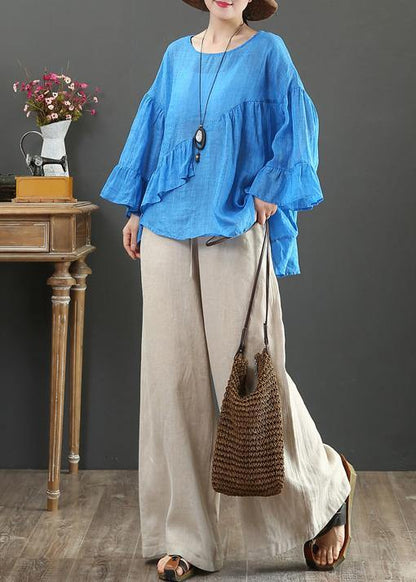 Modern o neck Ruffles linen summer clothes For Women Cotton blue tops - SooLinen