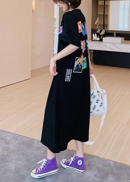 Modern o neck Tunics Shirts black Cartoon print Maxi Dresses - SooLinen