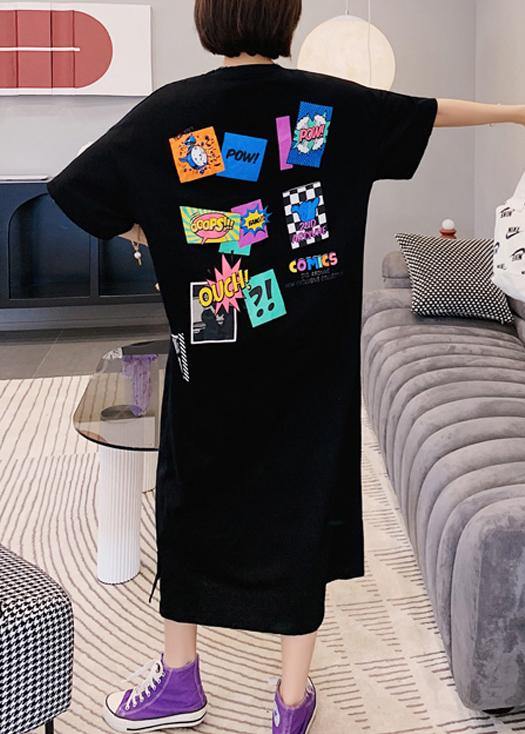 Modern o neck Tunics Shirts black Cartoon print Maxi Dresses - SooLinen