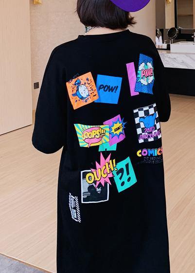 Modern o neck Tunics Shirts black Cartoon print Maxi Dresses - SooLinen