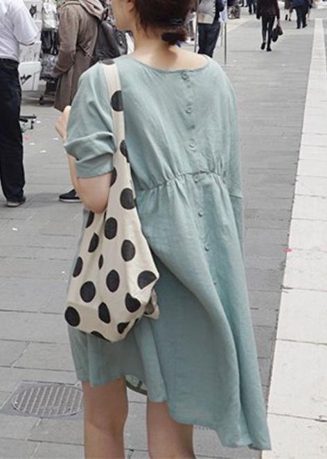 Modern o neck baggy Cotton quilting clothes Shirts light green Dress - SooLinen