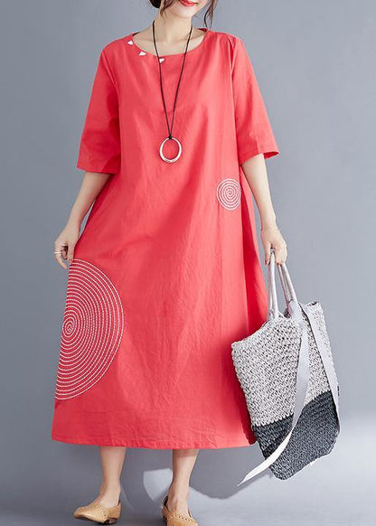Modern o neck embroidery cotton tunic top Vintage Work Outfits red Maxi Dresses Summer - SooLinen