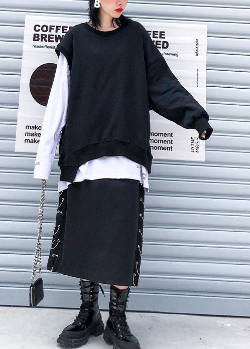 Modern o neck false two pieces cotton clothes pattern black tops - SooLinen