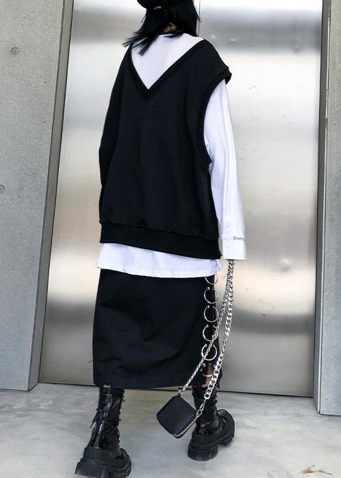 Modern o neck false two pieces cotton clothes pattern black tops - SooLinen