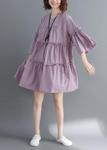 Modern o neck flare sleeve Cinched Cotton Women Photography purple Dress summer - SooLinen