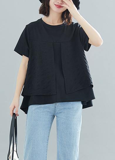 Modern o neck patchwork cotton clothes For Women Vintage design black loose blouses Summer - SooLinen