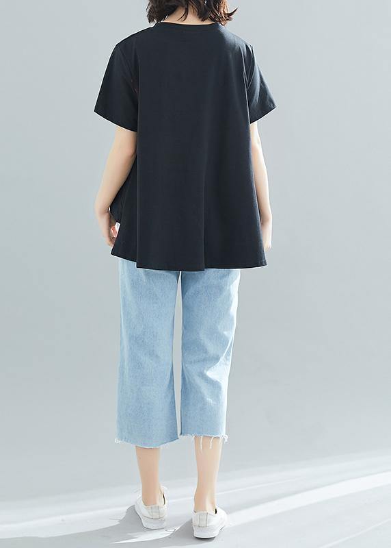 Modern o neck patchwork cotton clothes For Women Vintage design black loose blouses Summer - SooLinen