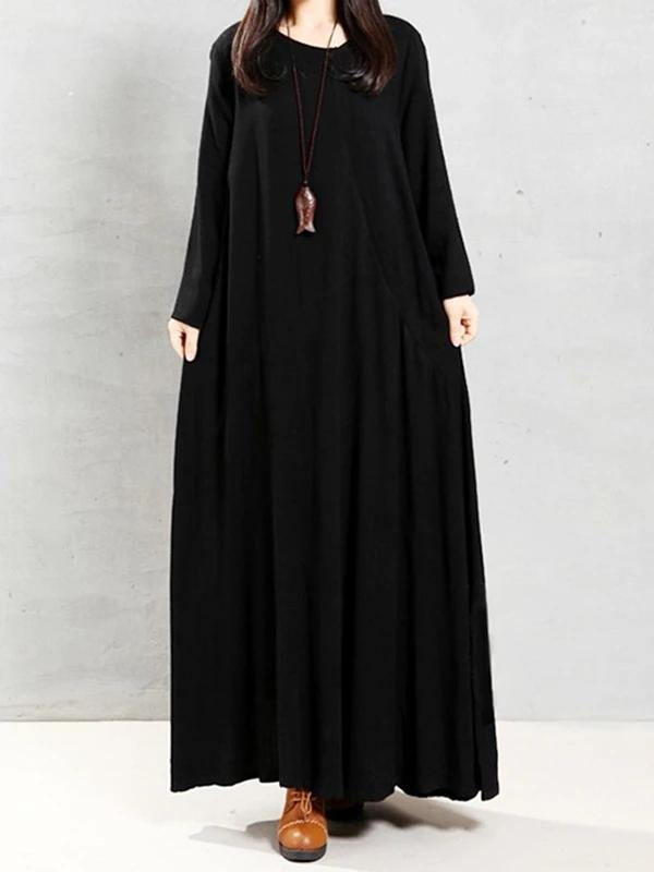 Modern o neck patchwork linen cotton spring Robes Runway burgundy Dress - SooLinen