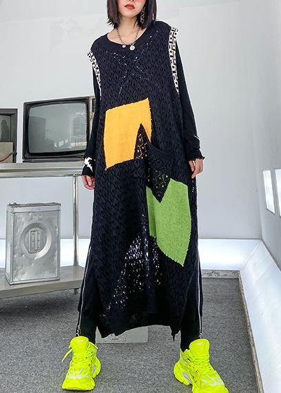 Modern o neck pockets clothes Work Outfits black Kaftan Dress - SooLinen