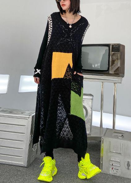 Modern o neck pockets clothes Work Outfits black Kaftan Dress - SooLinen