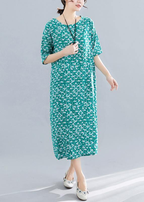 Modern o neck pockets linen cotton clothes Runway green print Dress summer - SooLinen