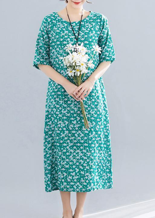 Modern o neck pockets linen cotton clothes Runway green print Dress summer - SooLinen