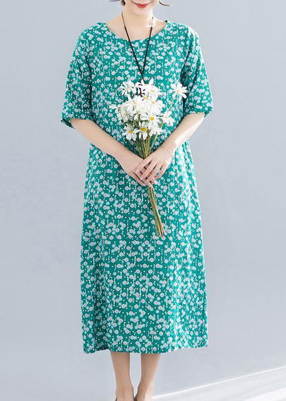 Modern o neck pockets linen cotton clothes Runway green print Dress summer - SooLinen