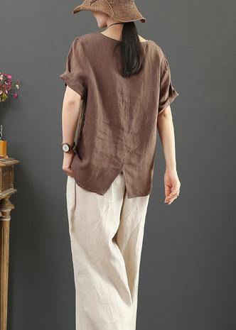 Modern o neck pockets linen summer clothes Fashion chocolate blouse - SooLinen
