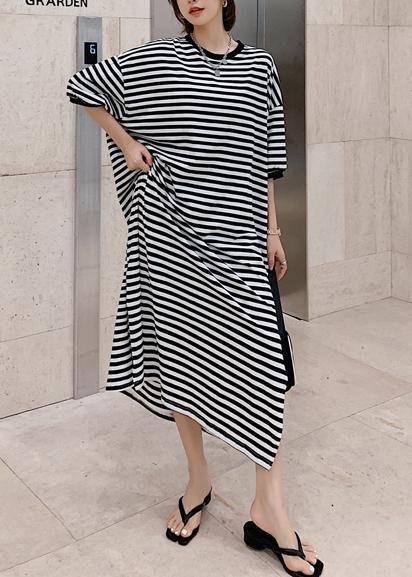Modern o neck side open design black striped loose Dresses - SooLinen