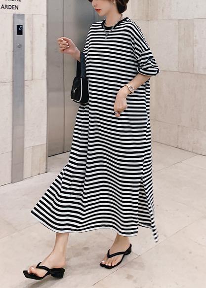 Modern o neck side open design black striped loose Dresses - SooLinen