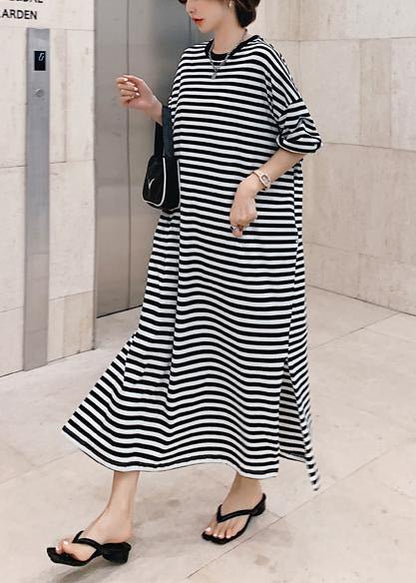 Modern o neck side open design black striped loose Dresses - SooLinen