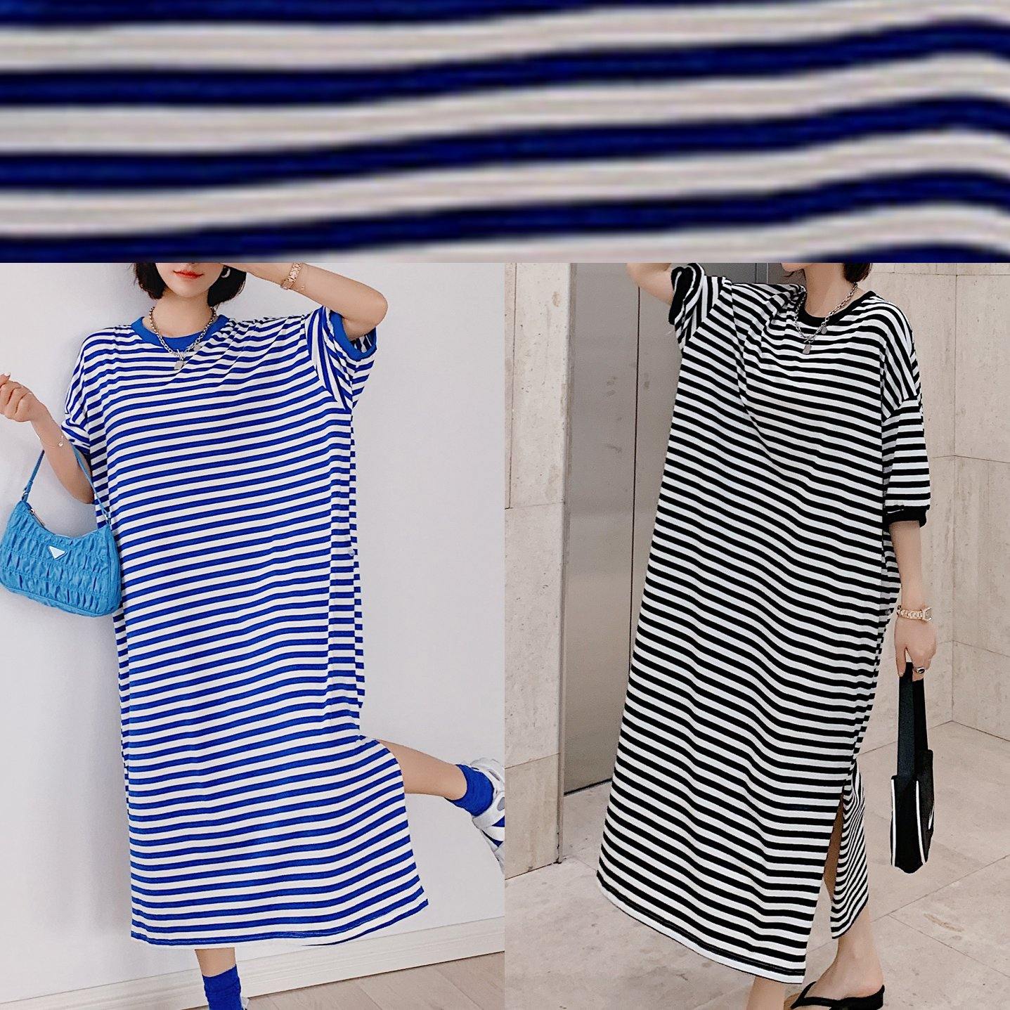 Modern o neck side open design black striped loose Dresses - SooLinen