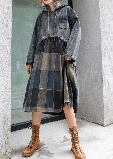 Modern patchwork linen cotton clothes For Women hooded Robe fall Dress - SooLinen