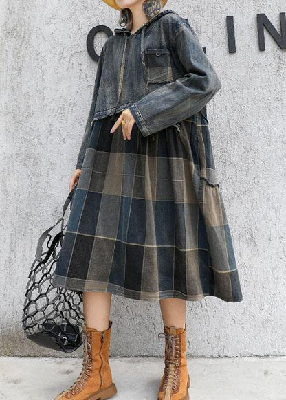 Modern patchwork linen cotton clothes For Women hooded Robe fall Dress - SooLinen