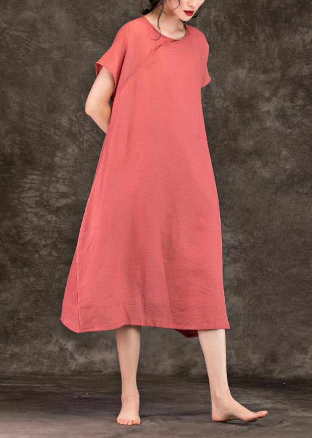 Modern pink linen Long Shirts o neck short sleeve Plus Size summer Dresses - SooLinen