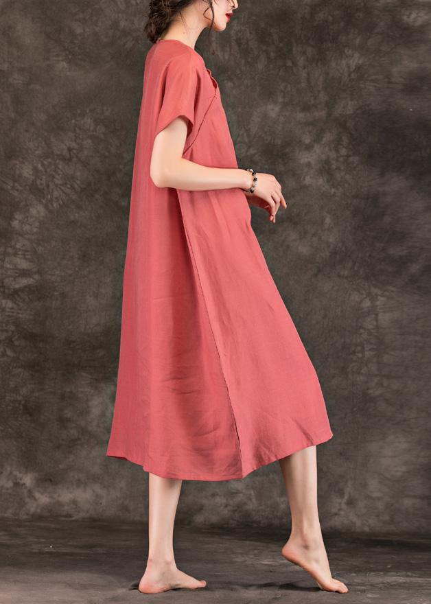 Modern pink linen Long Shirts o neck short sleeve Plus Size summer Dresses - SooLinen