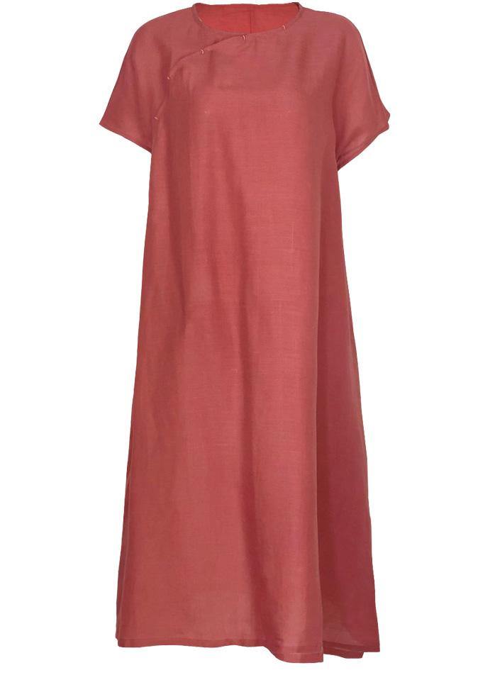 Modern pink linen Long Shirts o neck short sleeve Plus Size summer Dresses - SooLinen