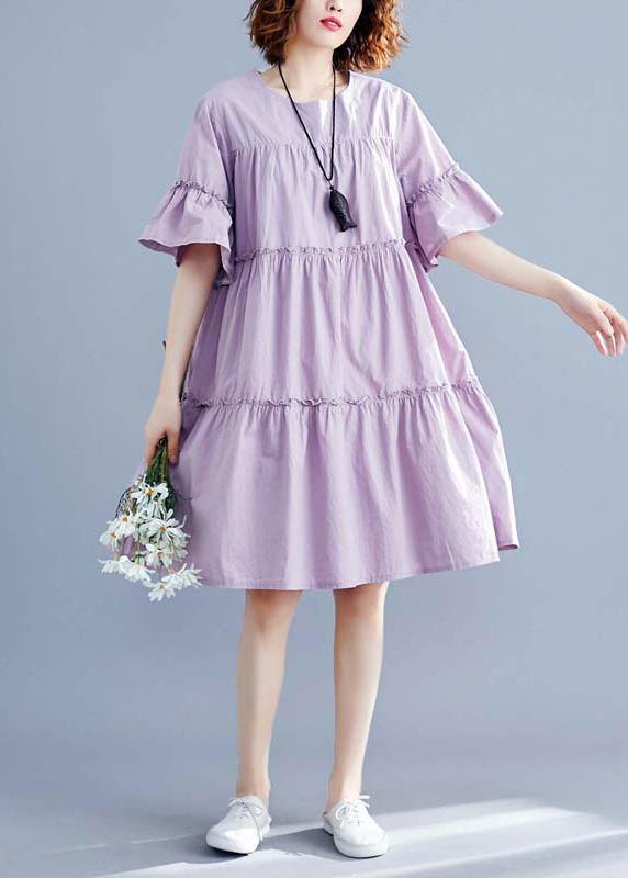 Modern purple Cotton quilting dresses o neck patchwork oversized summer Dresses - SooLinen