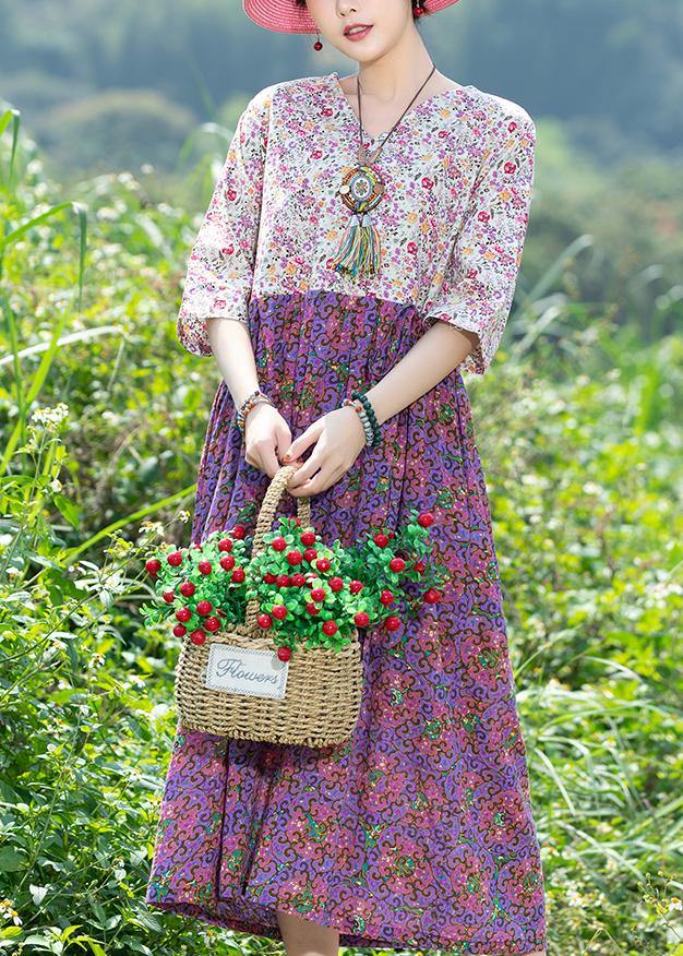 Modern purple patchwork Cotton clothes v neck Plus Size summer floral Dresses - SooLinen