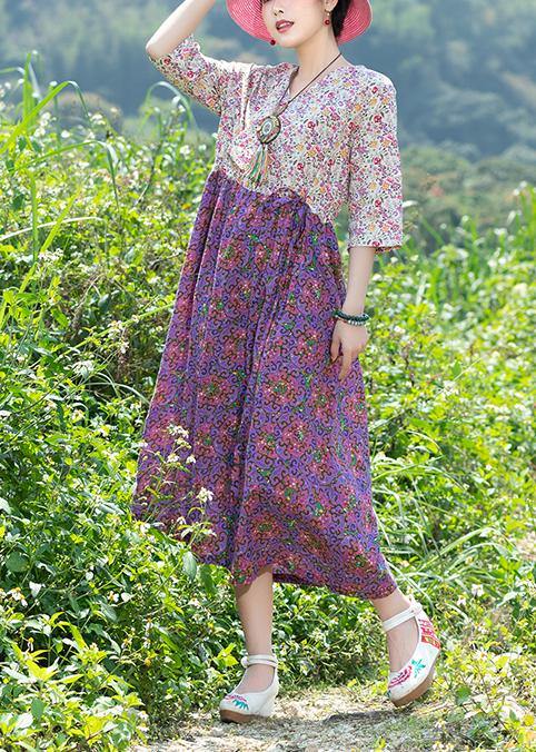 Modern purple patchwork Cotton clothes v neck Plus Size summer floral Dresses - SooLinen