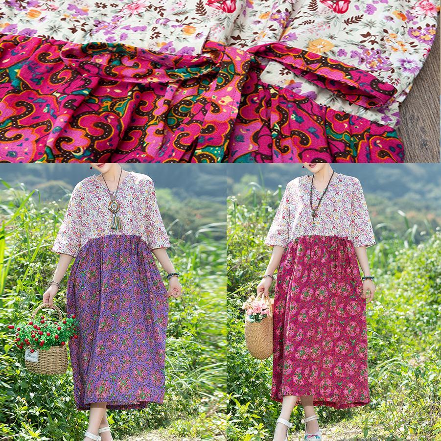Modern purple patchwork Cotton clothes v neck Plus Size summer floral Dresses - SooLinen
