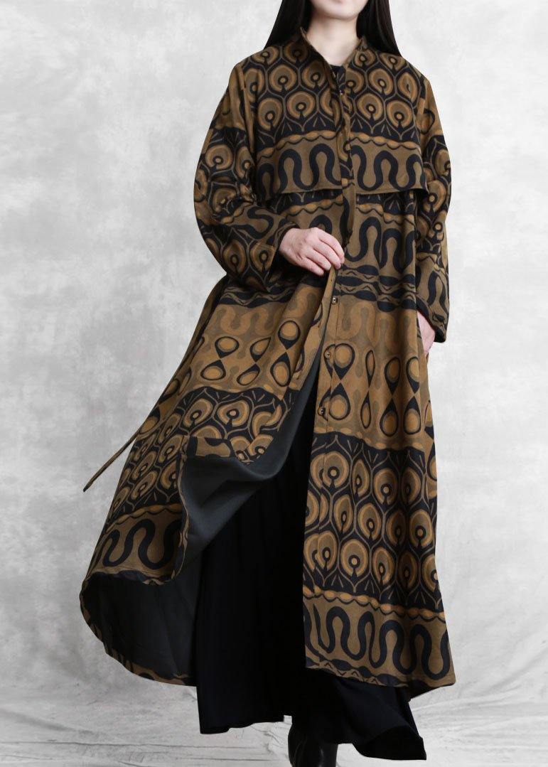 Modern purple print cotton Long Shirts o neck pockets A Line fall Dresses - SooLinen