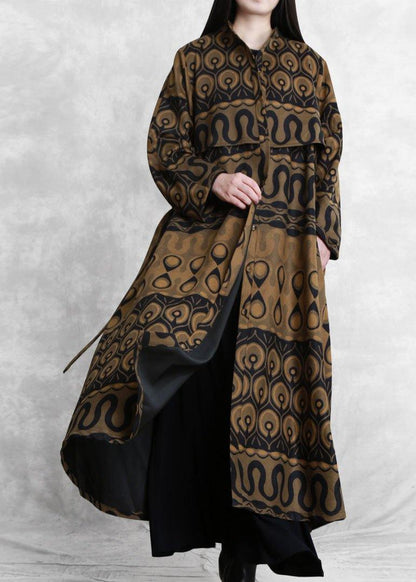 Modern purple print cotton Long Shirts o neck pockets A Line fall Dresses - SooLinen