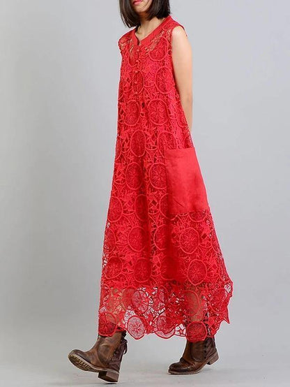 Modern red clothes For pockets asymmetric Art summer Dress - SooLinen