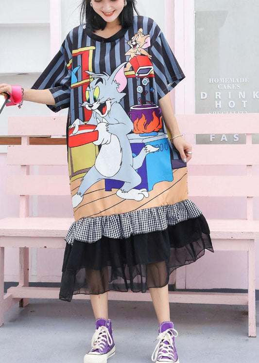 Modern ruffles cotton clothes Women Runway navy prints Maxi Dress - SooLinen