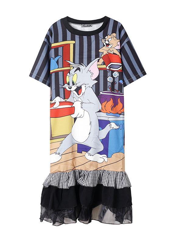 Modern ruffles cotton clothes Women Runway navy prints Maxi Dress - SooLinen