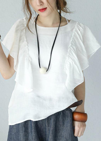 Modern ruffles sleeve linen Tunic Inspiration white top summer - SooLinen