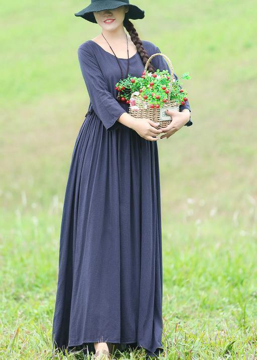Modern ruffles waist cotton linen clothes For Women Fabrics blue Maxi Dress - SooLinen