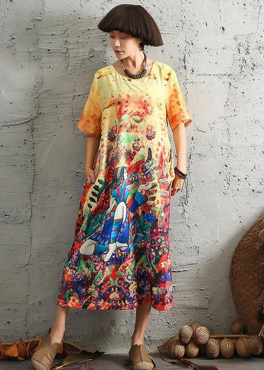 Modern short sleeve linen cotton Robes Fashion Ideas yellow prints Dresses summer - SooLinen