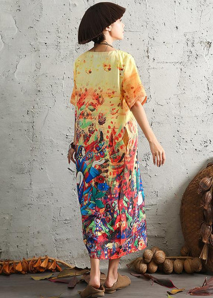 Modern short sleeve linen cotton Robes Fashion Ideas yellow prints Dresses summer - SooLinen