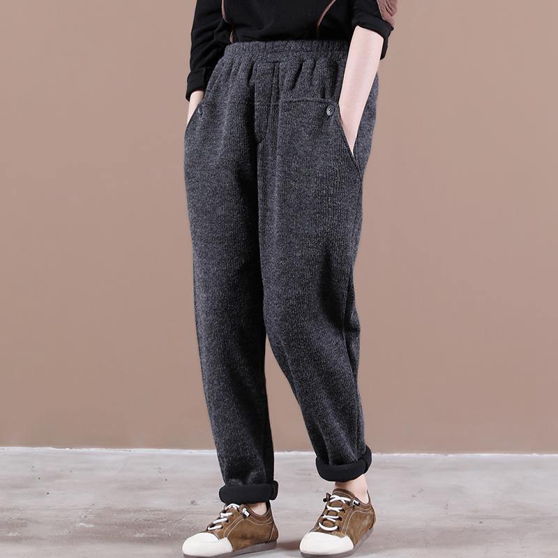 Modern spring wild pants plus size dark gray Work Outfits elastic waist pockets casual pants - SooLinen