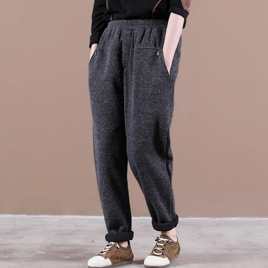 Modern spring wild pants plus size dark gray Work Outfits elastic waist pockets casual pants - SooLinen