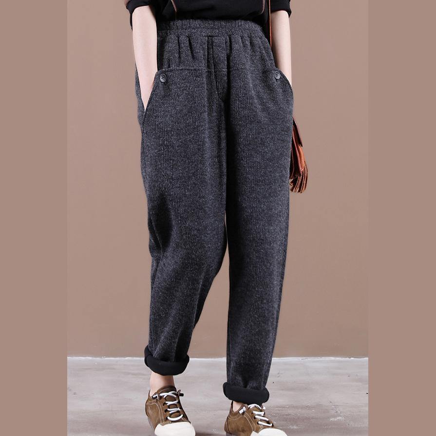 Modern spring wild pants plus size dark gray Work Outfits elastic waist pockets casual pants - SooLinen