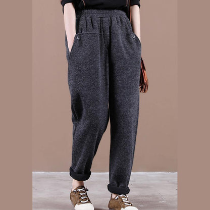 Modern spring wild pants plus size dark gray Work Outfits elastic waist pockets casual pants - SooLinen