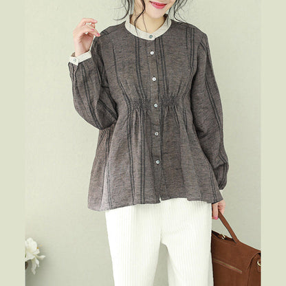 Moderne Stehkragen Leinen Kranich Tops Pakistani Ärmel braun kurze Bluse