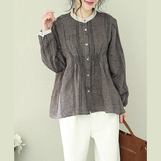 Moderne Stehkragen Leinen Kranich Tops Pakistani Ärmel braun kurze Bluse