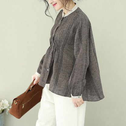 Moderne Stehkragen Leinen Kranich Tops Pakistani Ärmel braun kurze Bluse